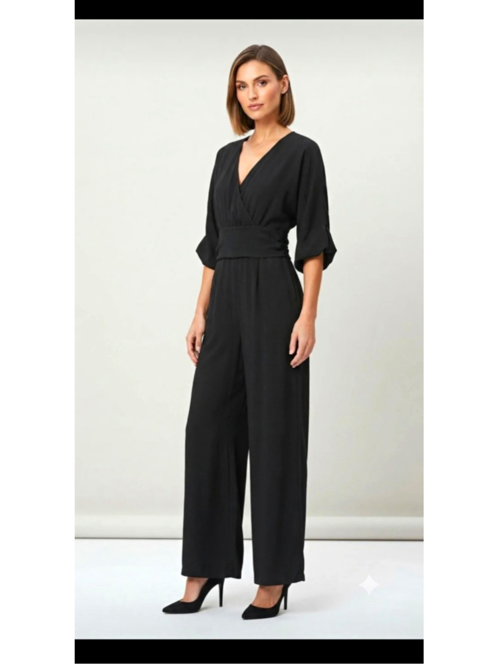 Classic Black V-Neck Waist-Defined Wide-Leg Jumpsuit – Size M